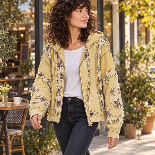 POL Clothing women's lemon floral patchwork zip-up hoodie worn with dark jeans outside a coffee shop