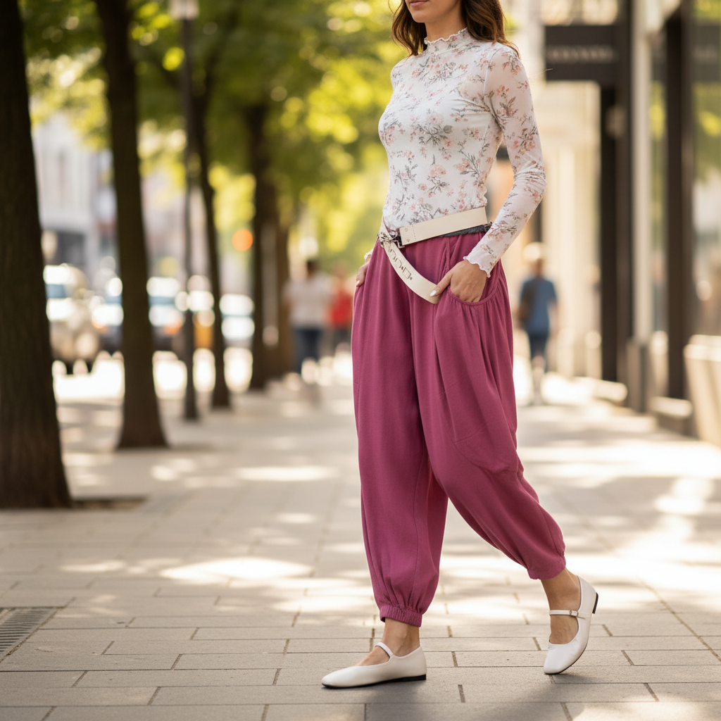 Easel women's rose pink balloon harem pants walking street style boutique look