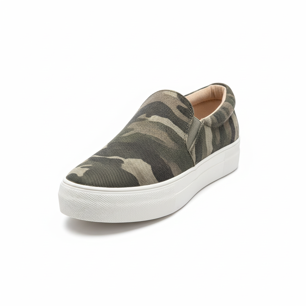 Khaki camo slip-on platform sneakers professional product photo white background