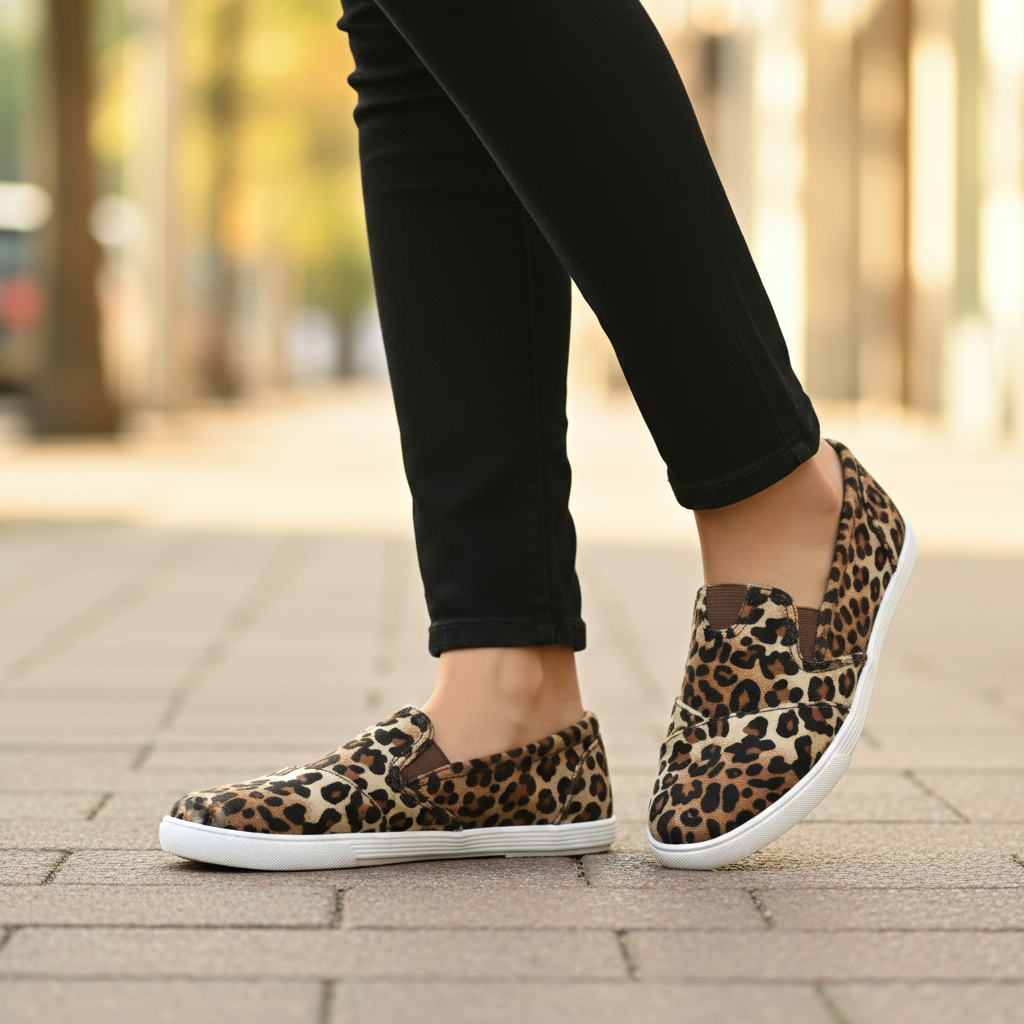 Women's leopard print canvas slip-on flat styled with black jeans on a sunny urban sidewalk casual street look