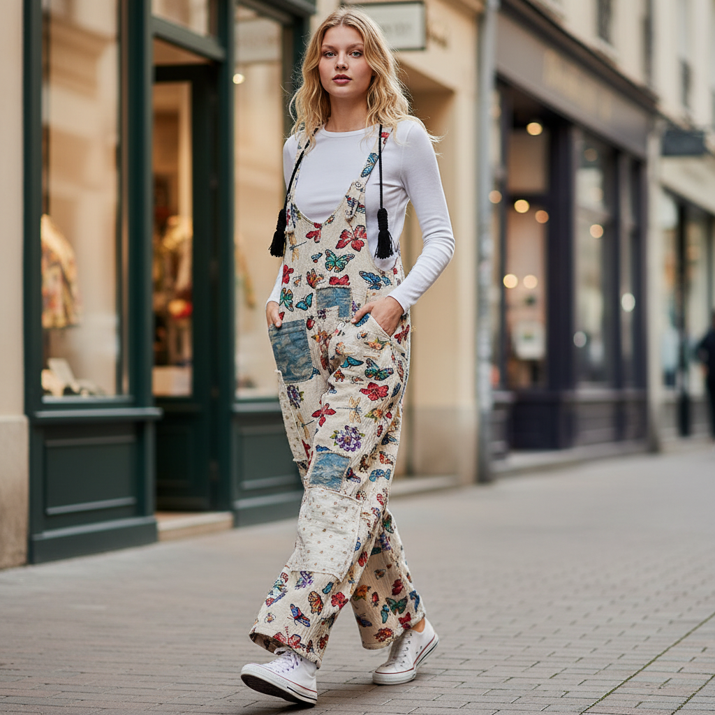 POL almond butterfly patchwork cotton overalls walking street style, wide-leg crinkle cotton, women's