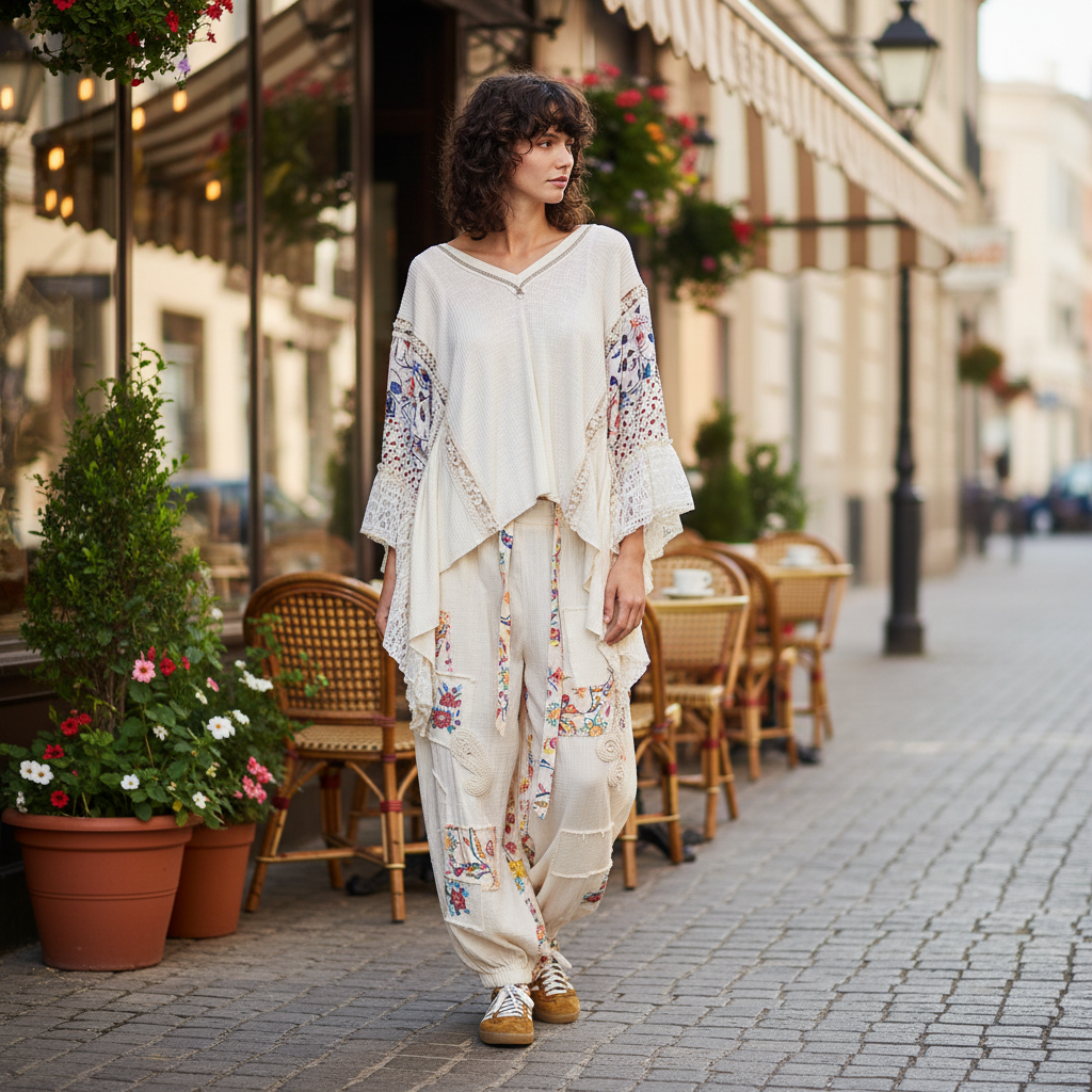 POL Clothing Natural garment styled with model standing near boutique storefront - BellanBlue