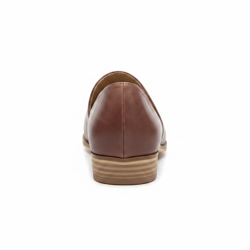 Women's mauve D'Orsay cutout flat back view showing stacked heel and back seam distressed leather