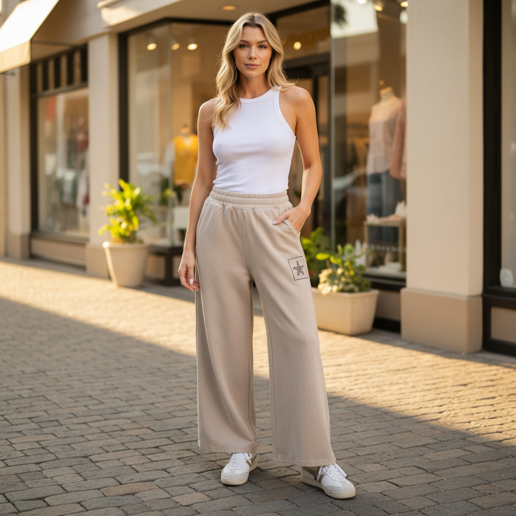 Easel women's khaki mineral wash wide leg pants with starfish embroidery, boutique sidewalk styling - BellanBlue