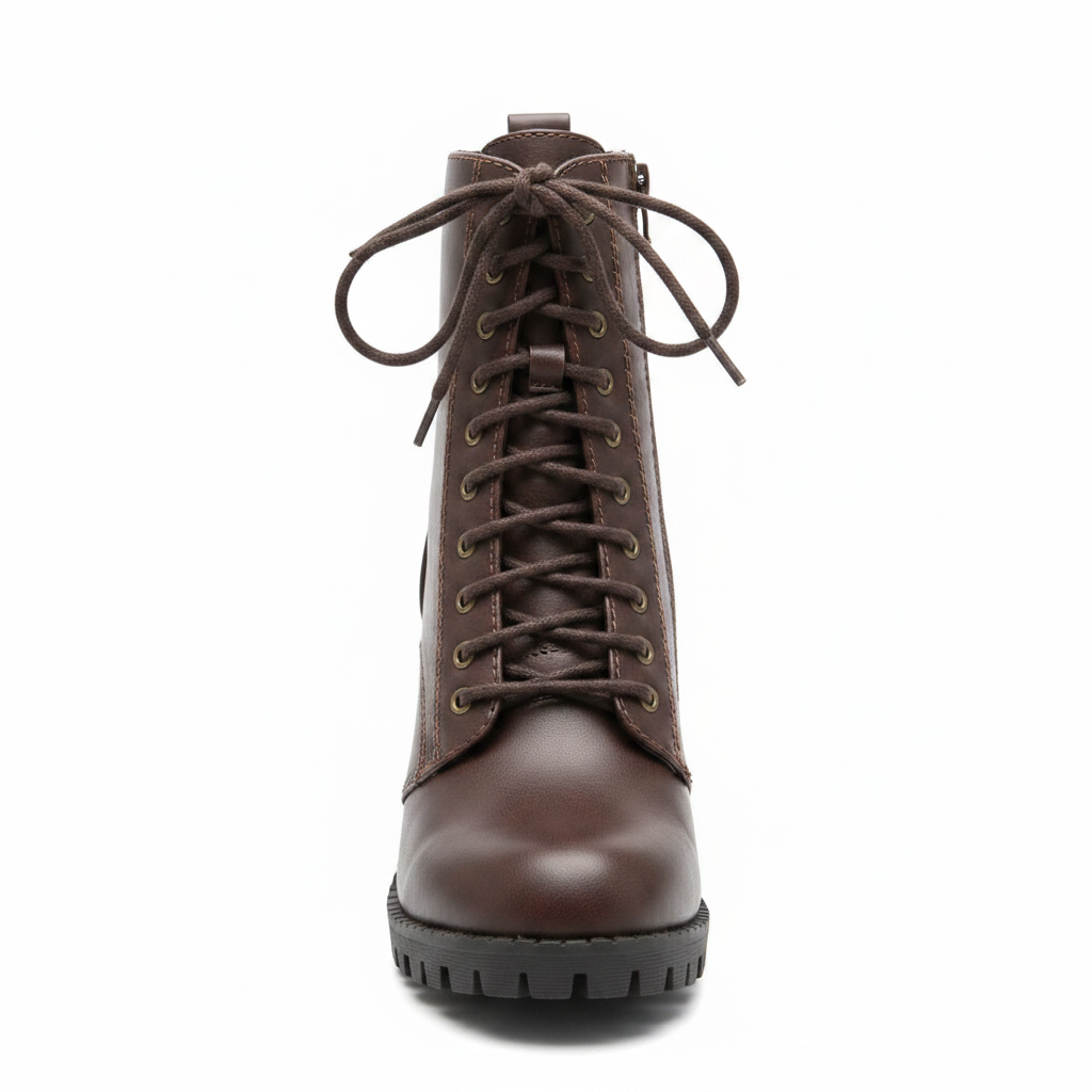 Women's dark brown lace-up combat bootie front view, chunky block heel, lug sole, contrast stitching - Soda