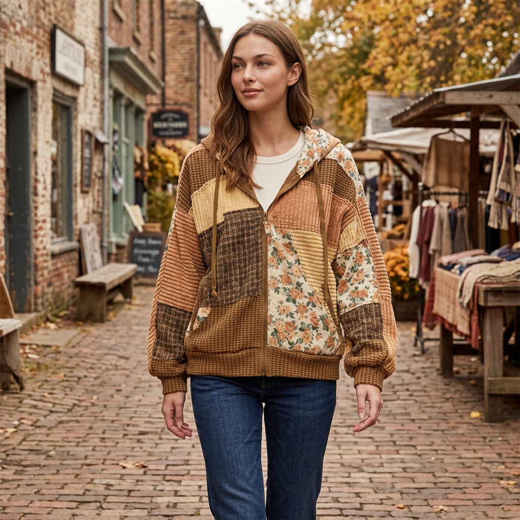 Woman wearing a zipped brown patchwork jacket with dark jeans on a brick market lane.