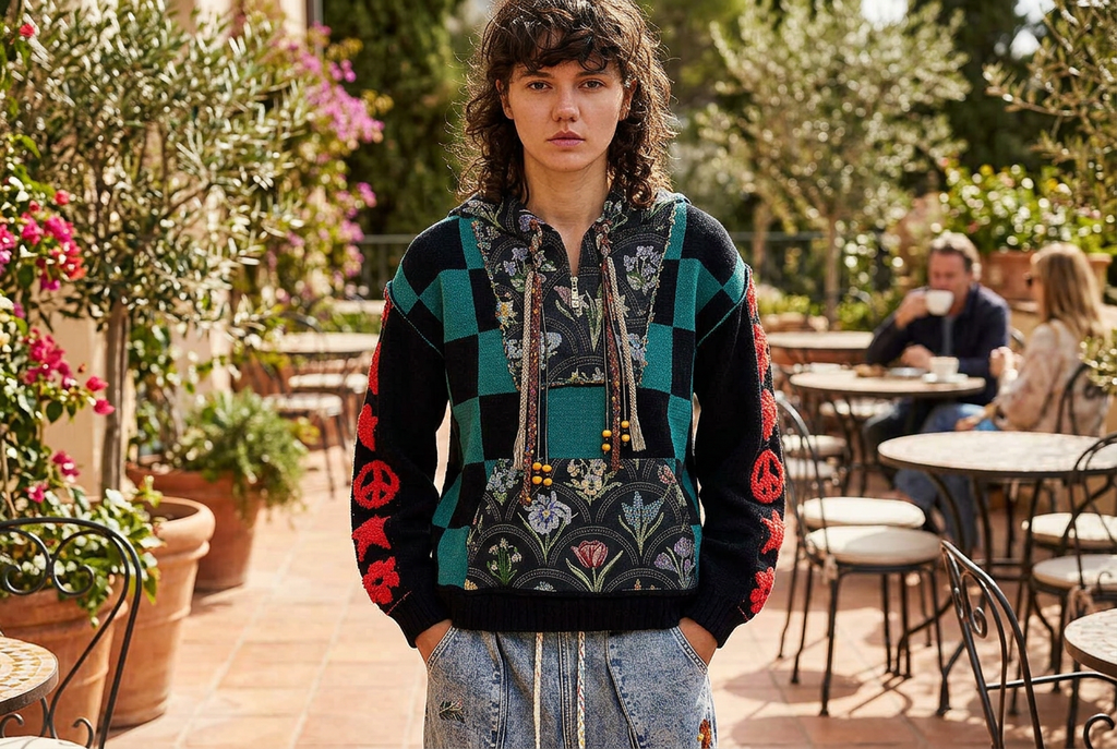 POL Clothing women's black and teal checkerboard hoodie with floral tapestry pocket on a garden cafe terrace