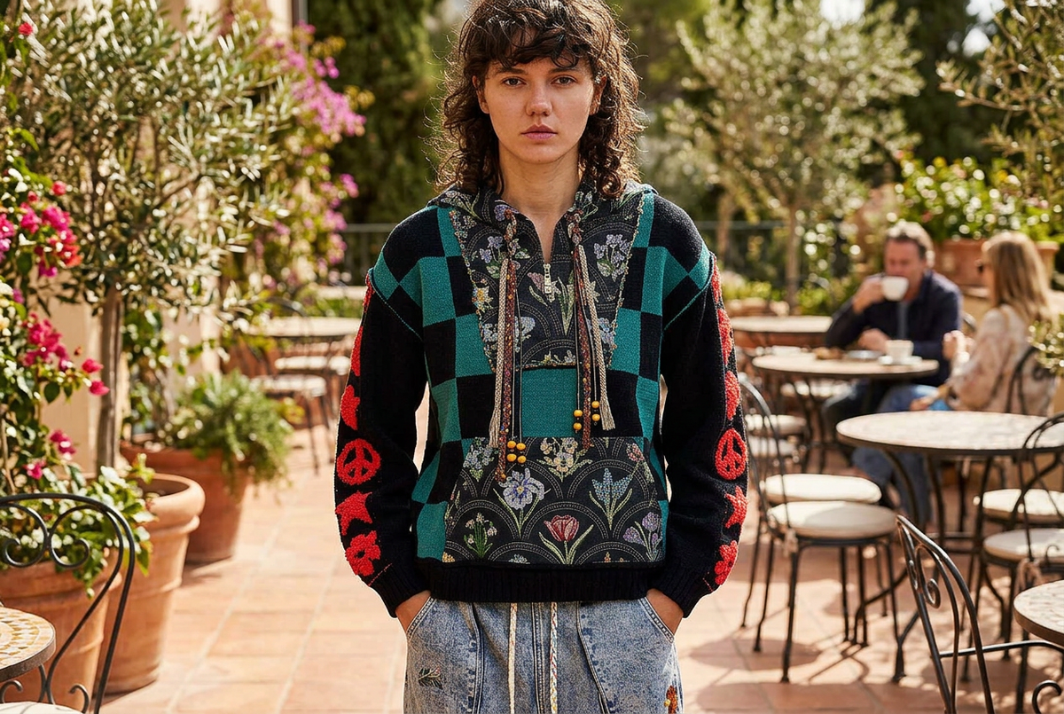 POL Clothing women's black and teal checkerboard hoodie with floral tapestry pocket on a garden cafe terrace
