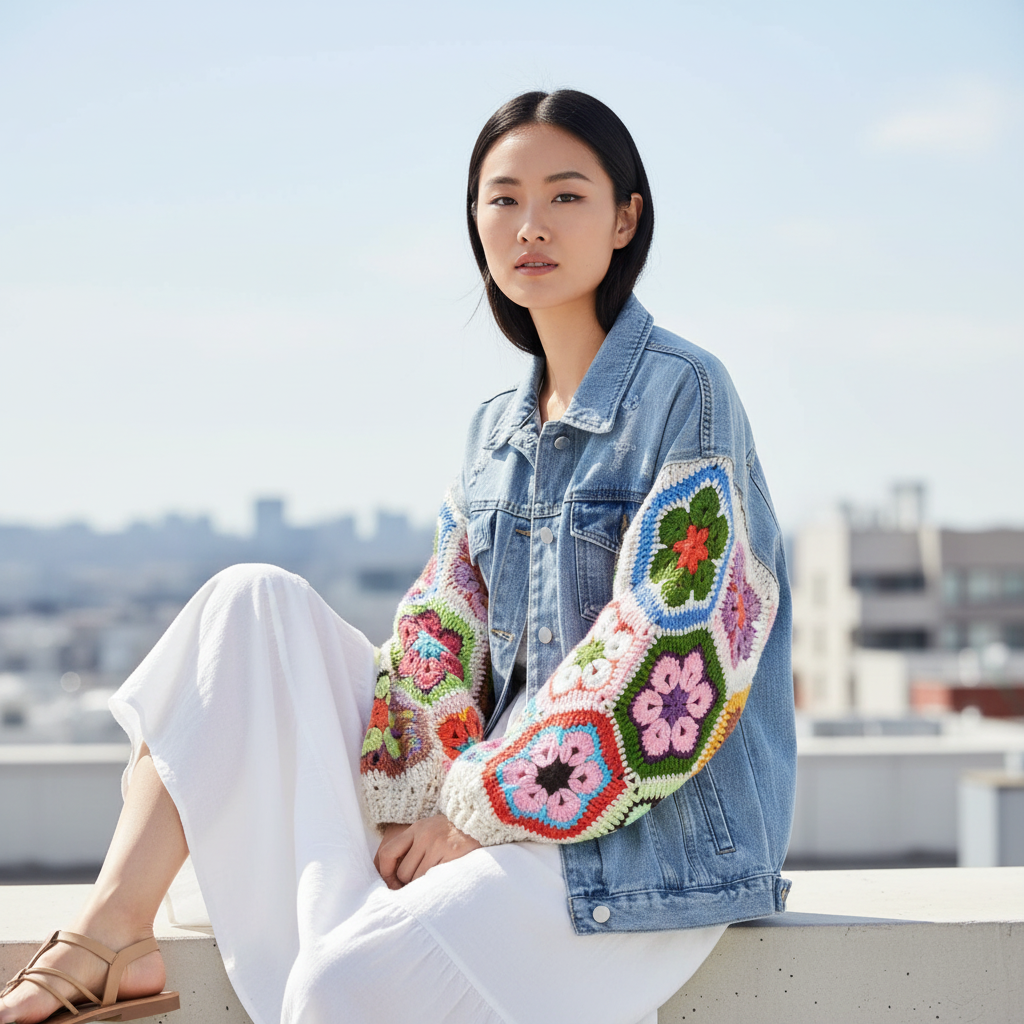 Women's granny square crochet sleeve denim jacket ivory cream sleeves rooftop white midi dress styling