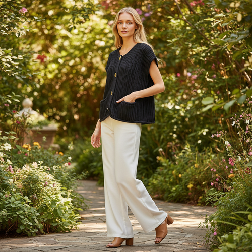 Zenana women's black knit sweater vest with gold coin buttons, garden patio brunch outfit
