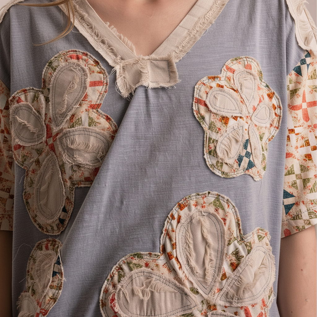 Close-up of oversized cream floral appliqué patches with frayed edges on dusty blue patchwork top