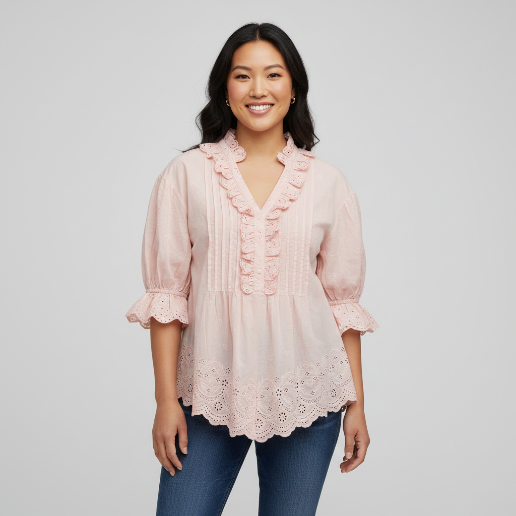 Women's blush pink eyelet ruffle blouse with jabot neckline and puffed sleeves front view studio - BellanBlue