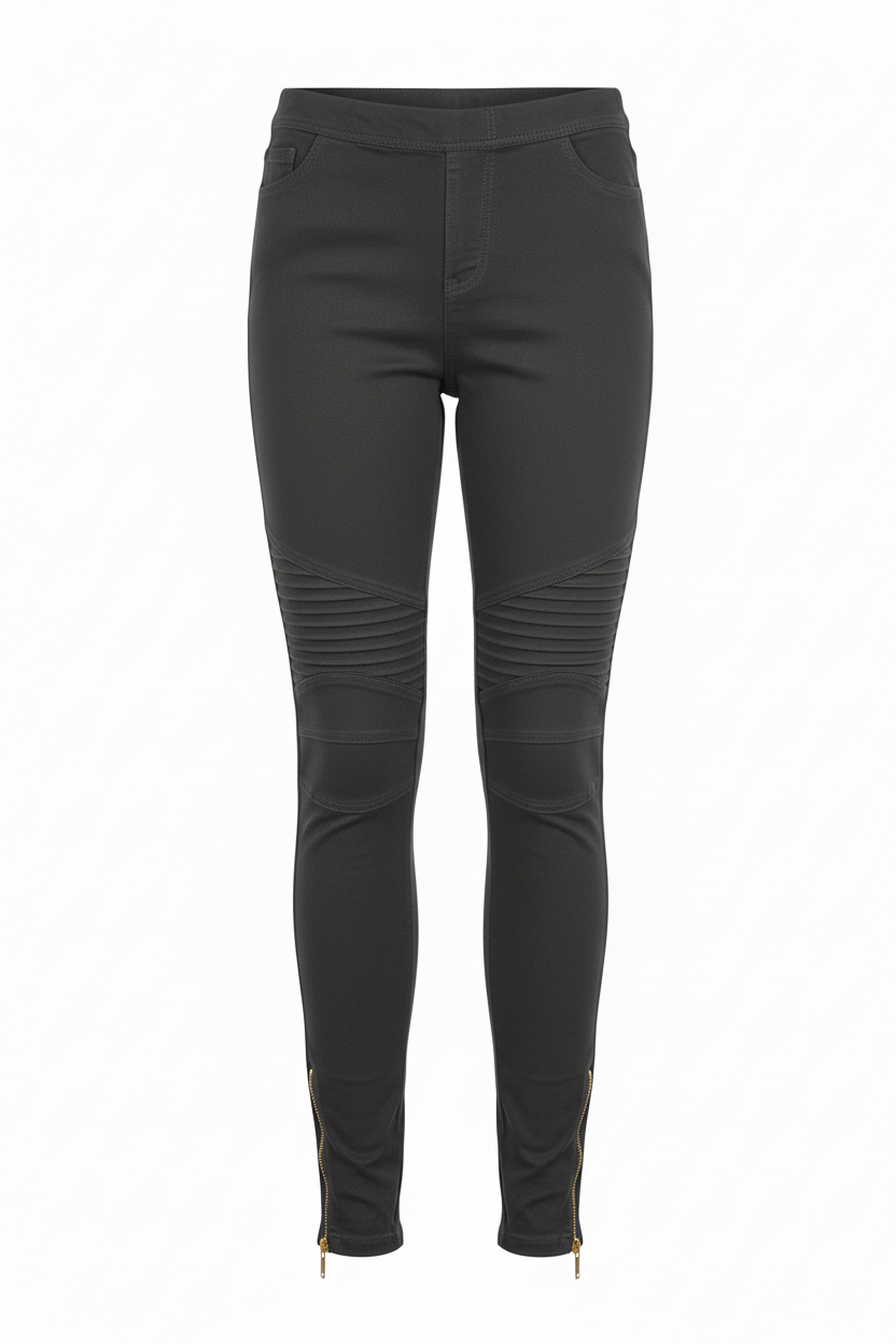 Women's moto leggings in charcoal gray - front view showing moto seaming, knee ruching, and gold ankle zipper