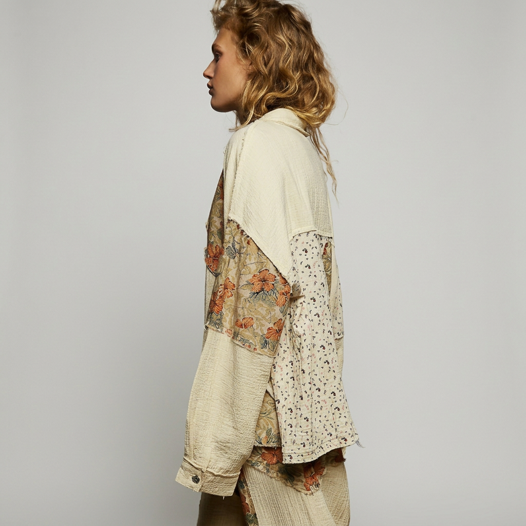 Side view of a cream gauze shirt with orange floral and tiny botanical patchwork against a seamless gray background.