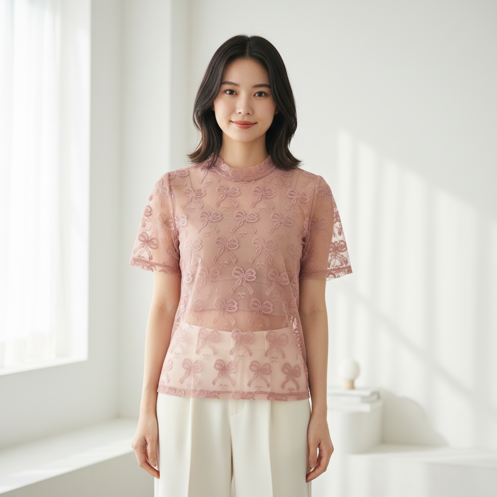 Women's dusty rose sheer bow mesh top, high mock neck, boxy fit, styled for daytime - BellanBlue