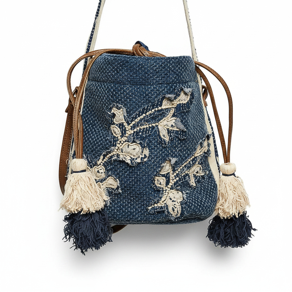 Women's woven crossbody bag close-up, butterfly embroidery stitching, tassel accent, denim fabric texture