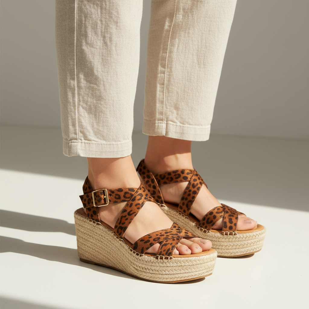 Detail close-up of gold buckle ankle strap and braided jute wedge sole on leopard print espadrille sandal, worn lifestyle shot
