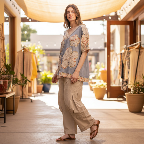 Bluevelvet women's dusty blue patchwork top with quilt sleeve detail, movement pose, three-quarter view