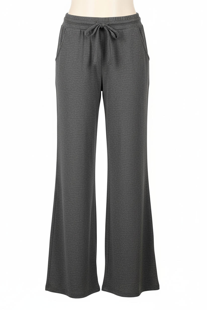Charcoal gray bell bottom lounge pants - front view with drawstring waist