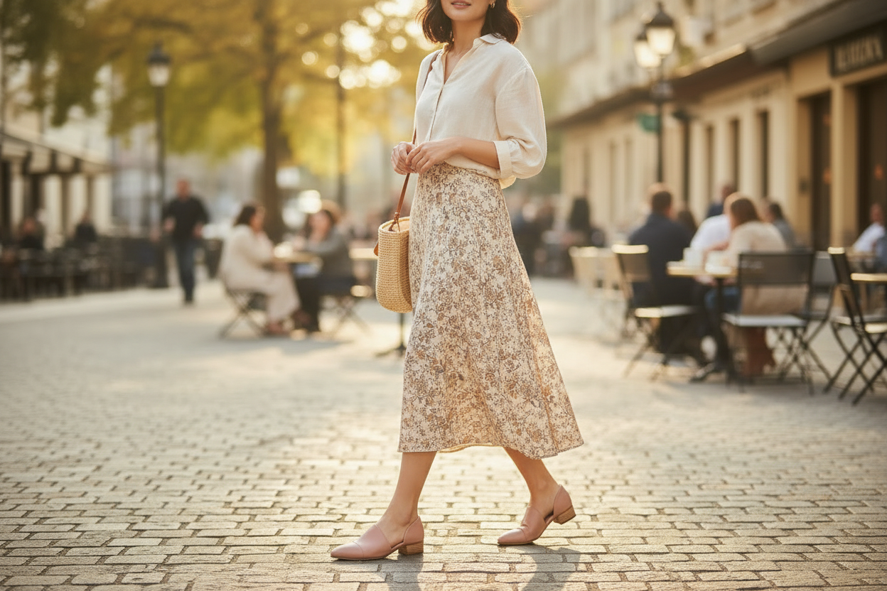 Woman walking on sunlit sidewalk wearing blush leather D'Orsay pointed toe flats with flowy midi skirt — BellanBlue