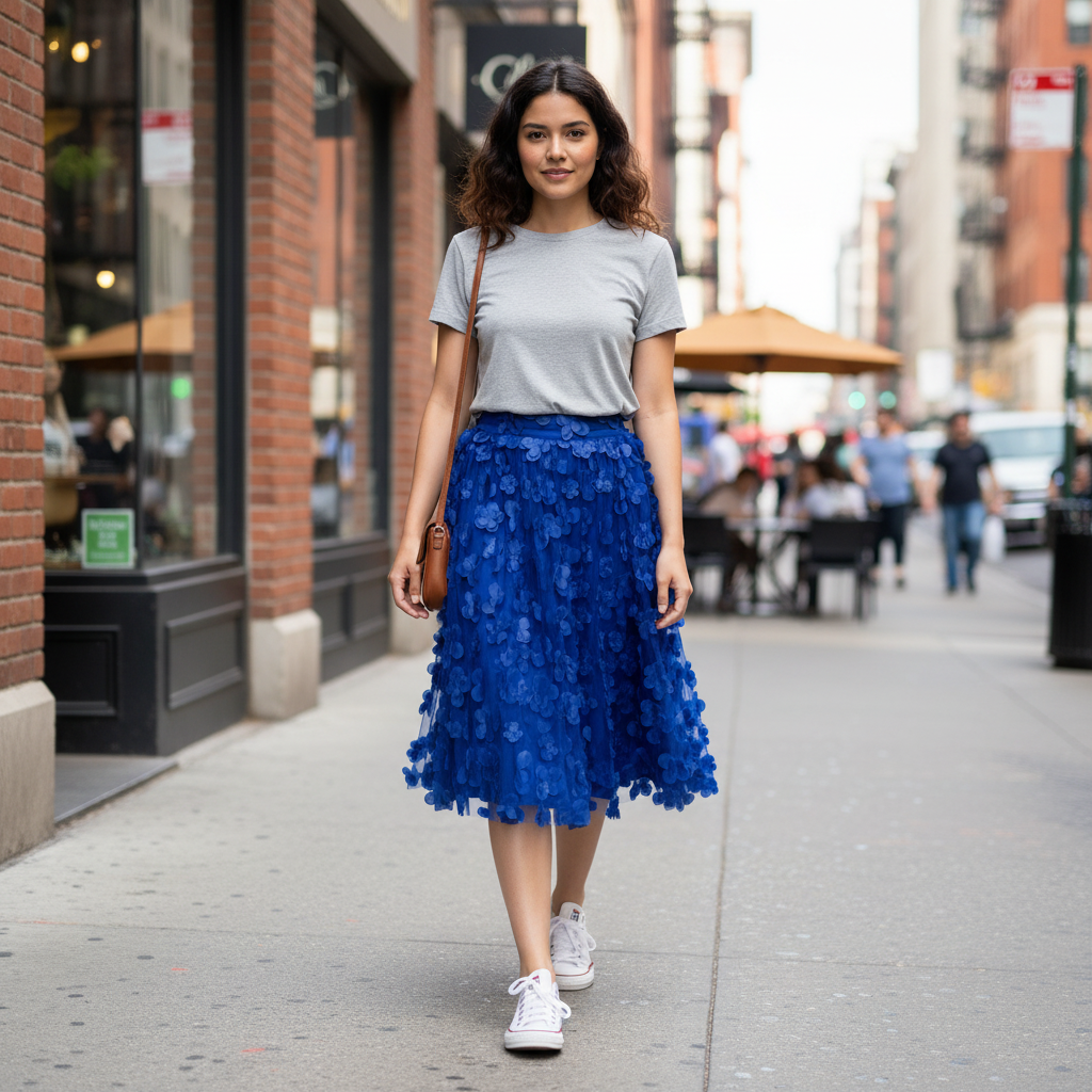Women's royal blue floral appliqué mesh midi skirt walking on city street full body - BellanBlue