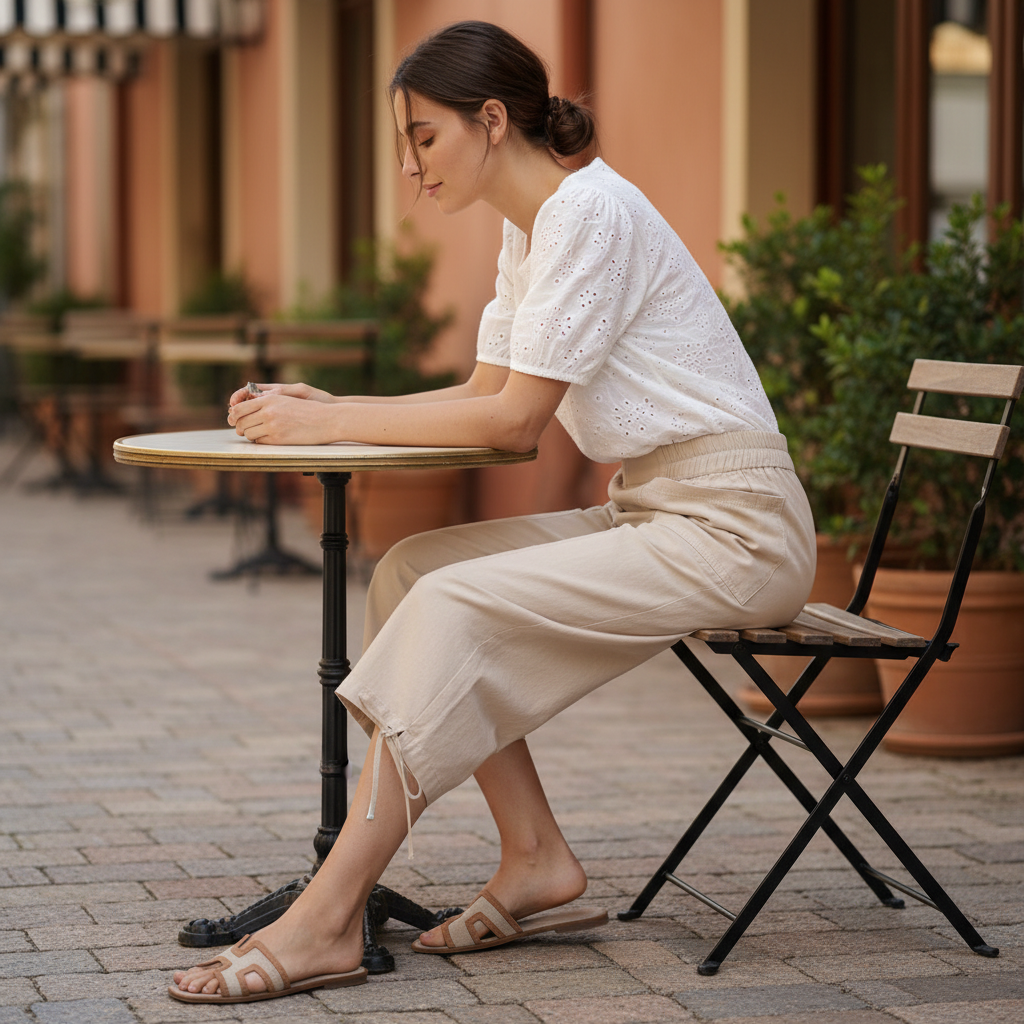 Easel women's khaki stone washed twill capri pants seated at outdoor café, relaxed summer styling