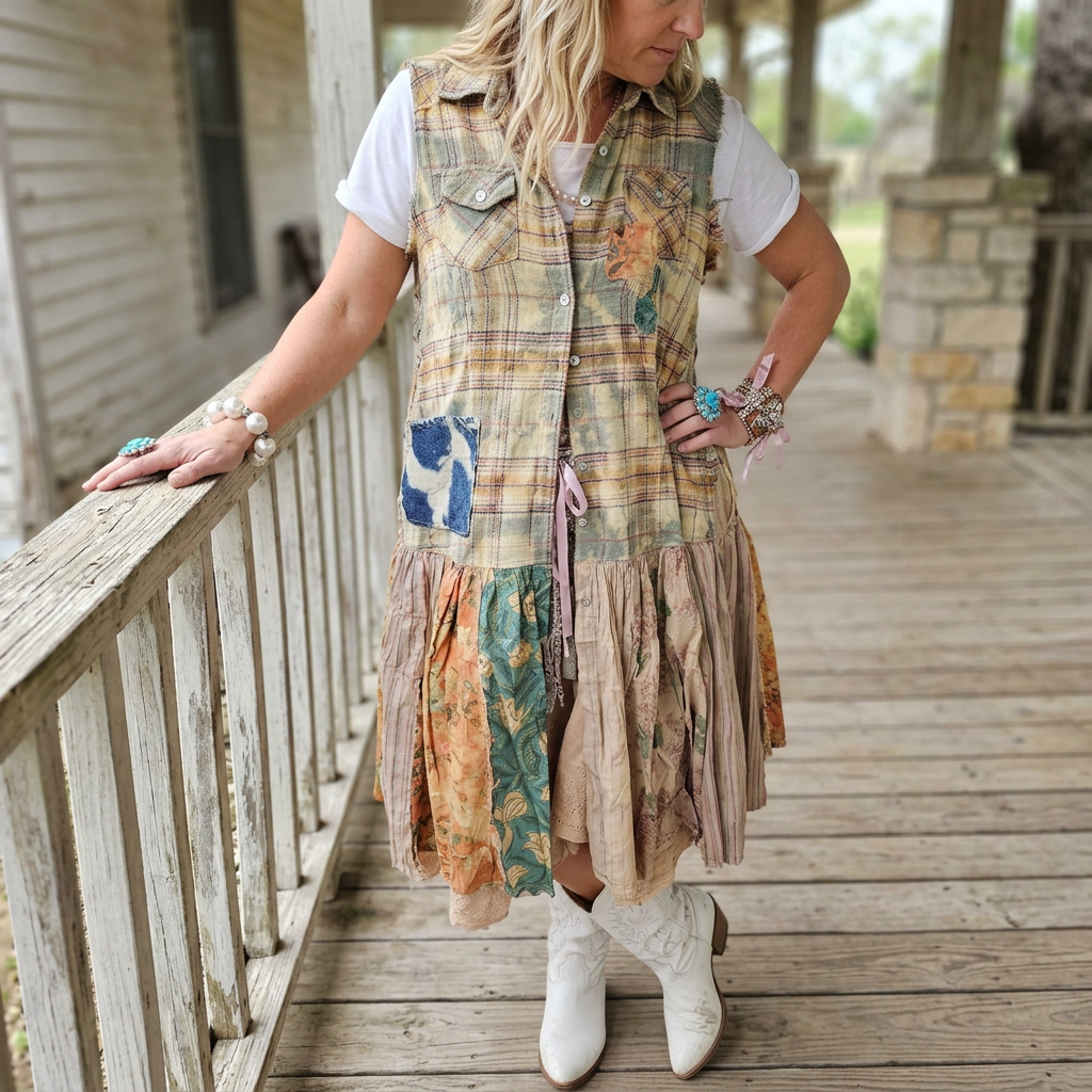 Woman leaning on a wooden porch railing in a sleeveless plaid and floral patchwork dress with white boots.