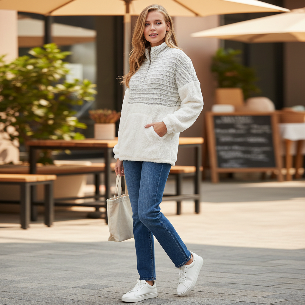 Women's cream sherpa collared pullover sweatshirt with zipper detail, weekend coffee shop outfit