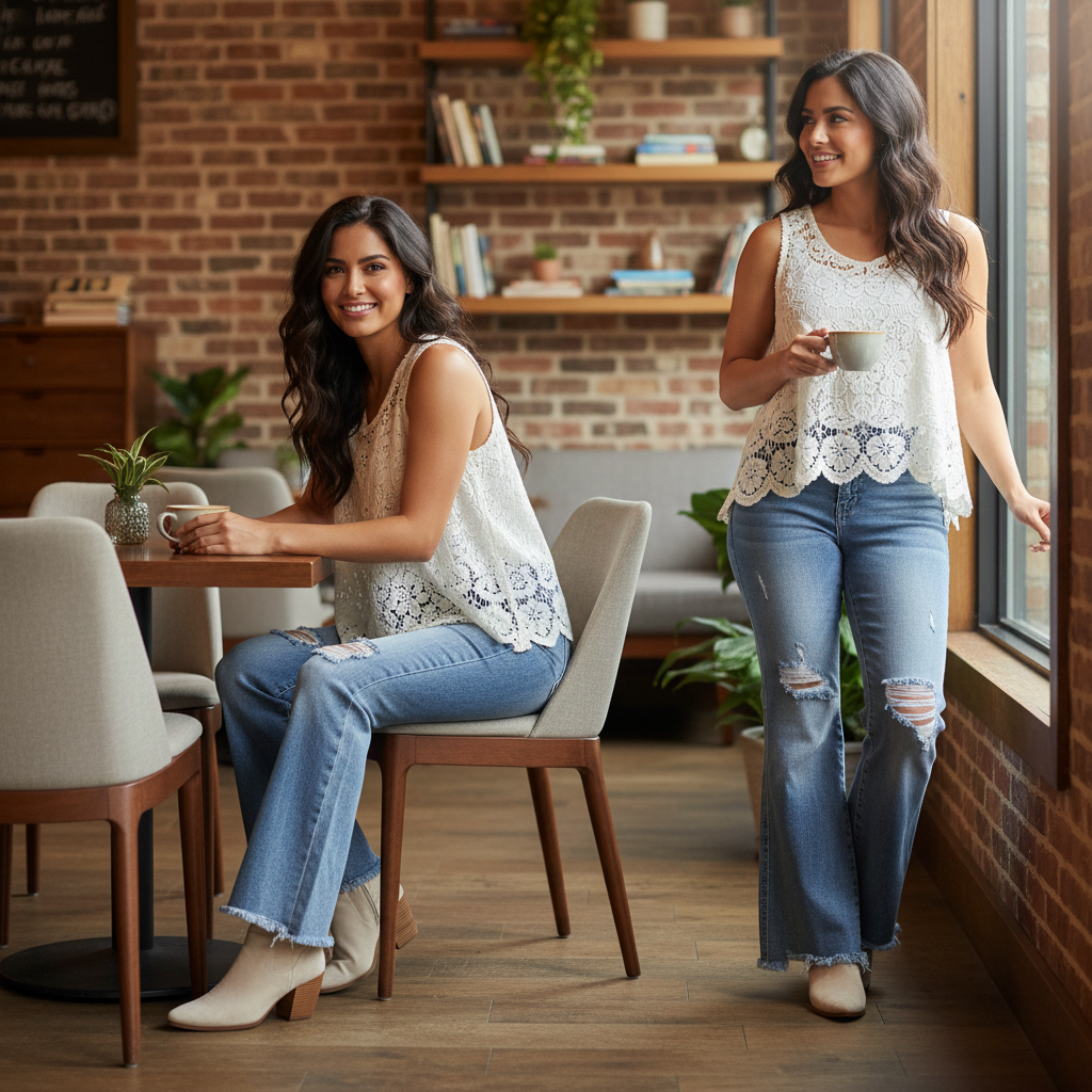 Women's light wash high-rise flared jeans styled with boho crochet top for a café weekend look