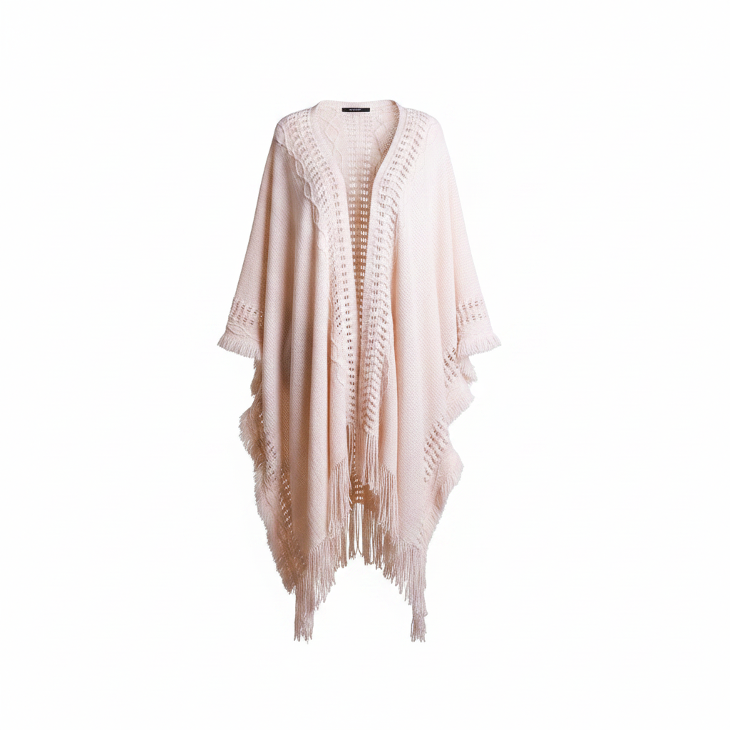 Women's beige open-knit fringe ruana wrap, front view, oversized batwing silhouette, floor-length