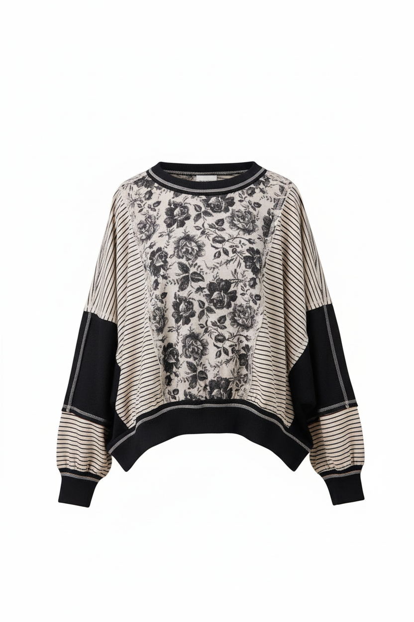 Colorblock Stripe Mix Top Grey/Black - Front view showing floral print panel and horizontal pinstripes