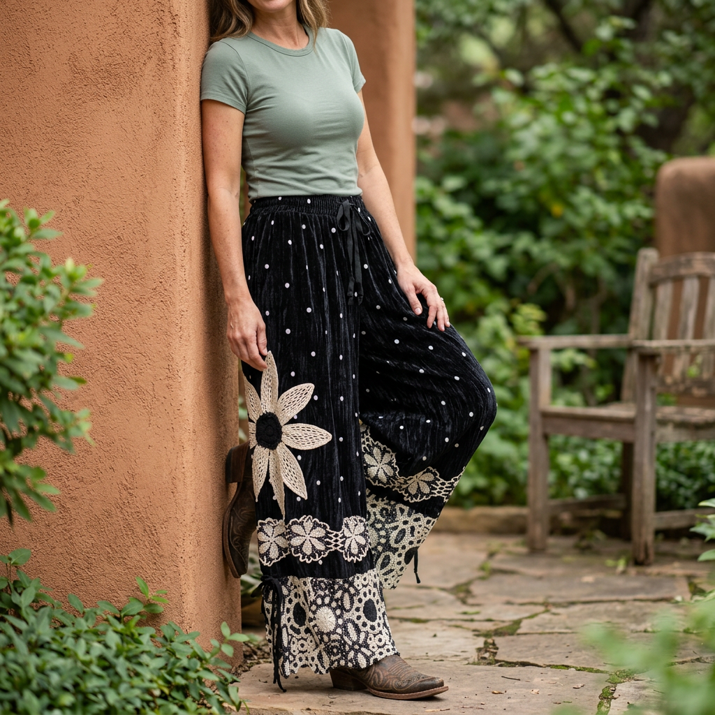 Black velvet polka dot pantaloons with crochet daisy appliqué and lace hems styled with a sage tee on a garden patio
