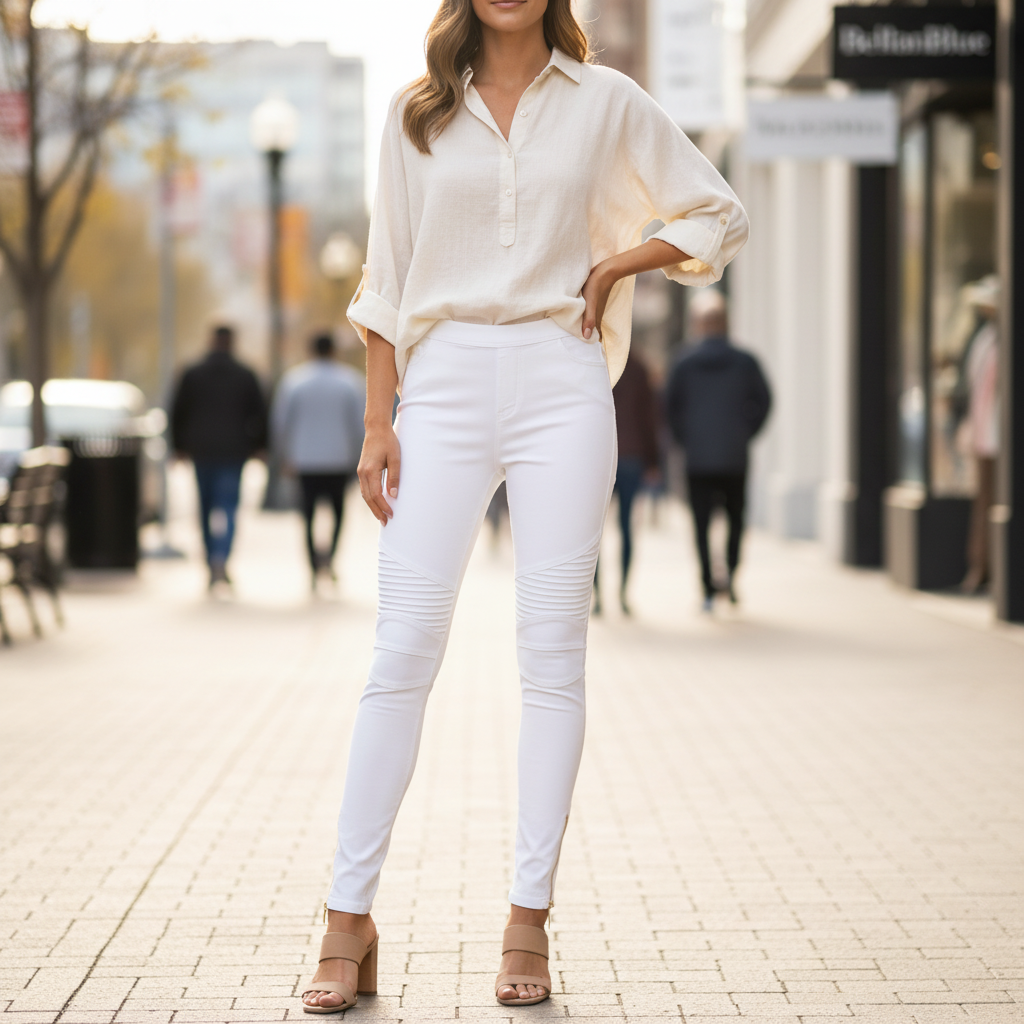 Women's white moto leggings with gold ankle zippers styled on a city sidewalk - BellanBlue