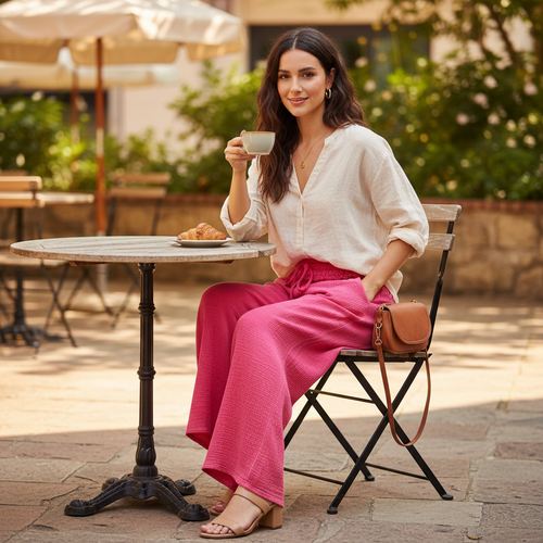 Women's hot pink wide leg mineral wash pants with waist tie styled for casual café outing relaxed fit