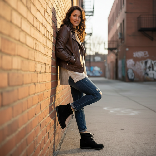 Woman in casual chic outfit wearing black suede wedge ankle boots against urban brick wall