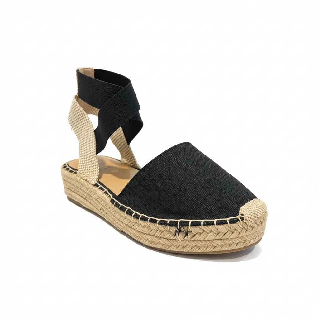 SODA black canvas espadrille platform sandal with beige ankle strap, front view on white background