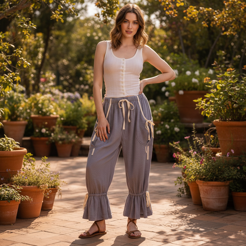 Bluevelvet women's denim blue crinkle gauze bloomer pants with bow ties and ruffle hem, garden patio - BellanBlue