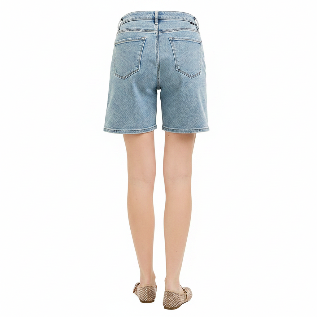 Women's light blue wash denim shorts back view clean wash back pockets cuffed hem