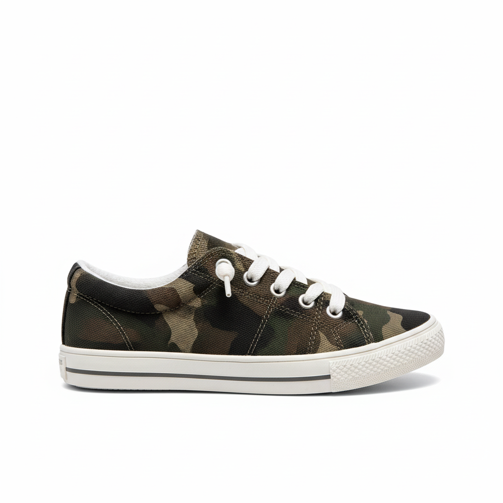 Women's camouflage canvas sneaker side profile view lace-up low top - BellanBlue