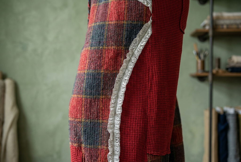 Close-up of ivory lace joining wine plaid fabric and a red small-check side panel