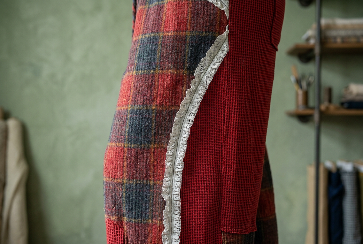 Close-up of ivory lace joining wine plaid fabric and a red small-check side panel
