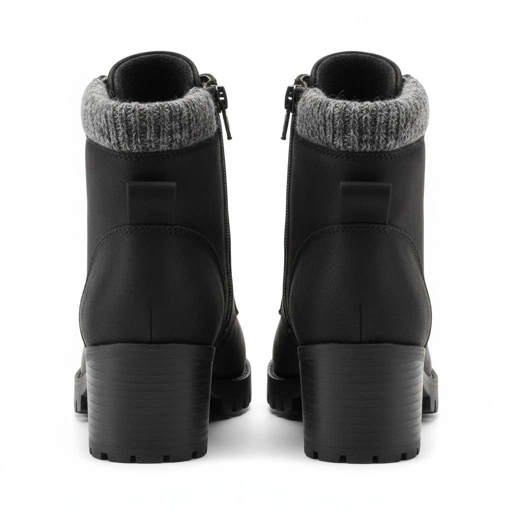 Soda SINGLE-S black ankle boot rear view showing knit collar trim, side zipper and block lug heel