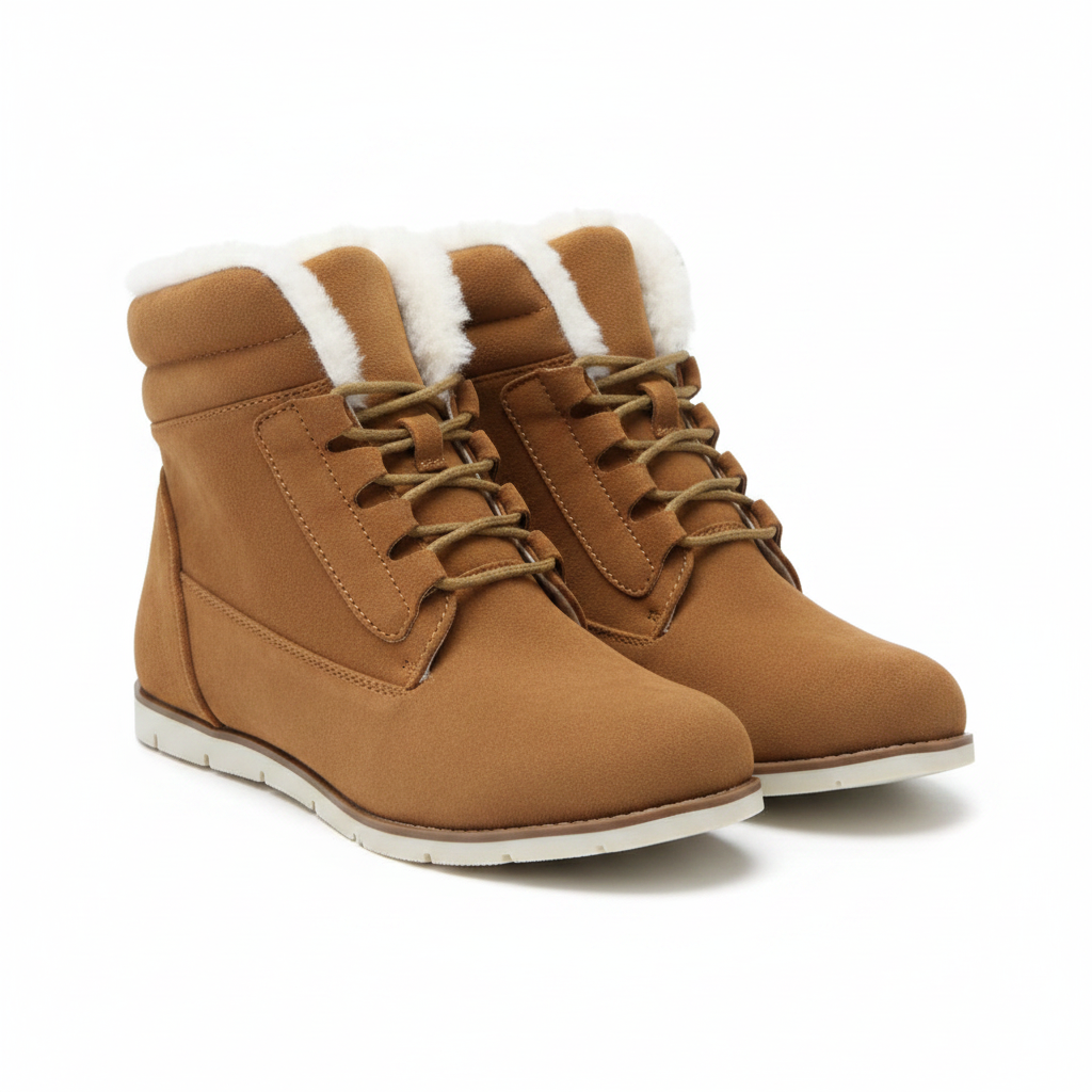Pair of camel suede lace-up ankle boots with white sherpa lining, front three-quarter studio view on white background