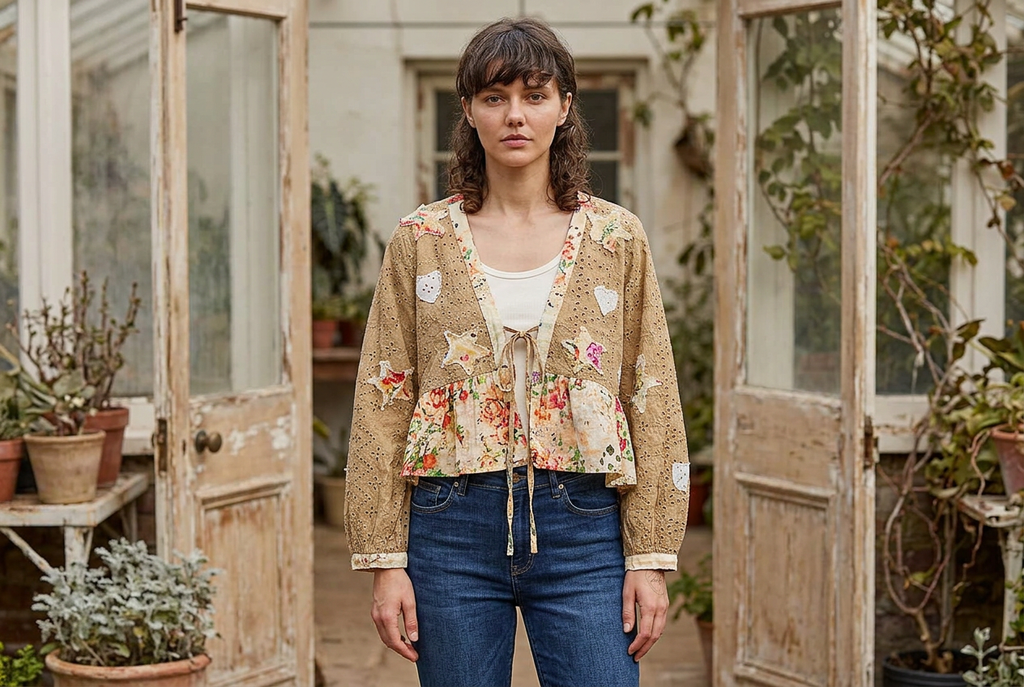 Mocha floral ruffle cardigan with eyelet texture and heart patches, worn at a conservatory entrance.