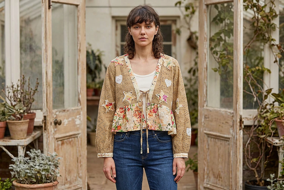 Mocha floral ruffle cardigan with eyelet texture and heart patches, worn at a conservatory entrance.