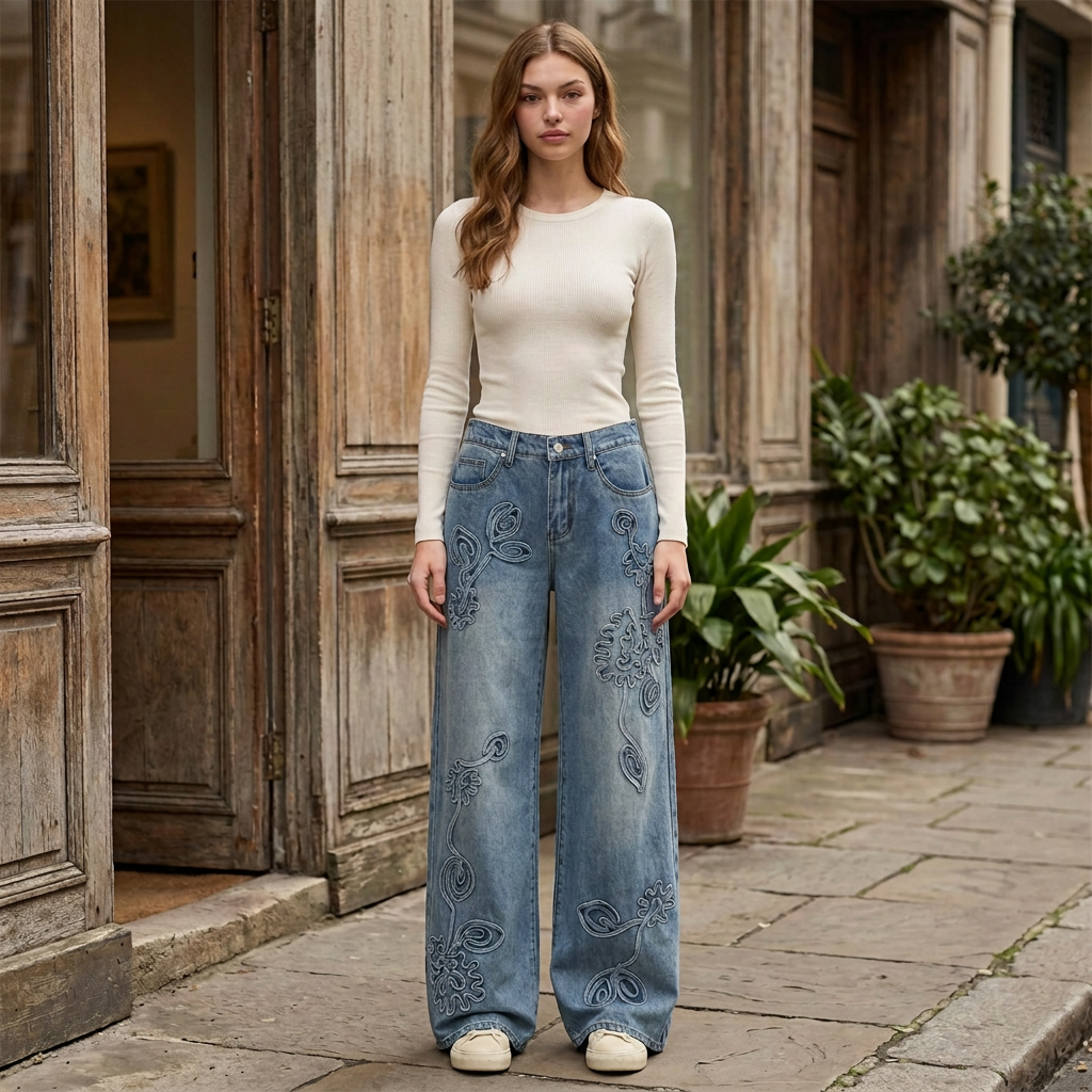 Blue wide-leg jeans with tonal floral appliques, styled with an ivory top outside a wooden doorway.