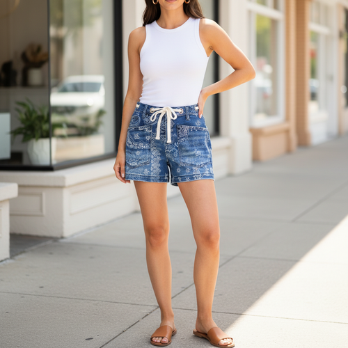 Risen women's Paisley Dark high-rise slouchy denim shorts, white paisley print, boutique sidewalk - BellanBlue