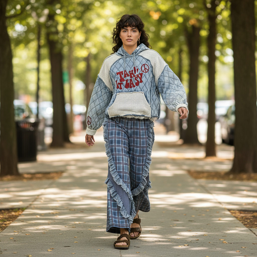 POL Clothing quilted patchwork hoodie in motion on tree-lined sidewalk, full outfit with wide-leg denim flares