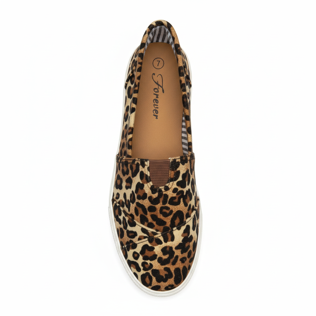 Women's leopard print canvas slip-on flat shoe, top-down view showing full upper and insole, white background