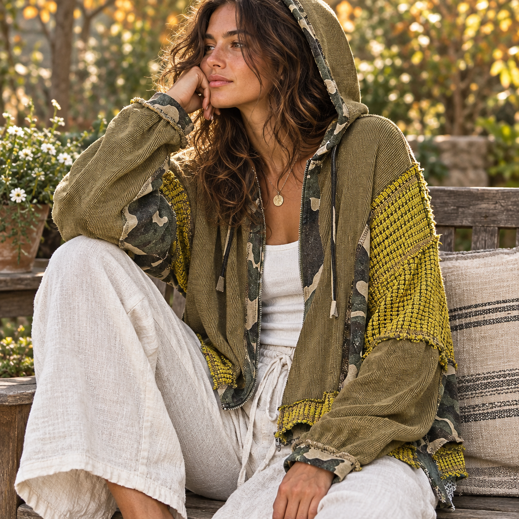 POL Clothing women's olive camouflage-panel hoodie with balloon sleeves on a garden patio